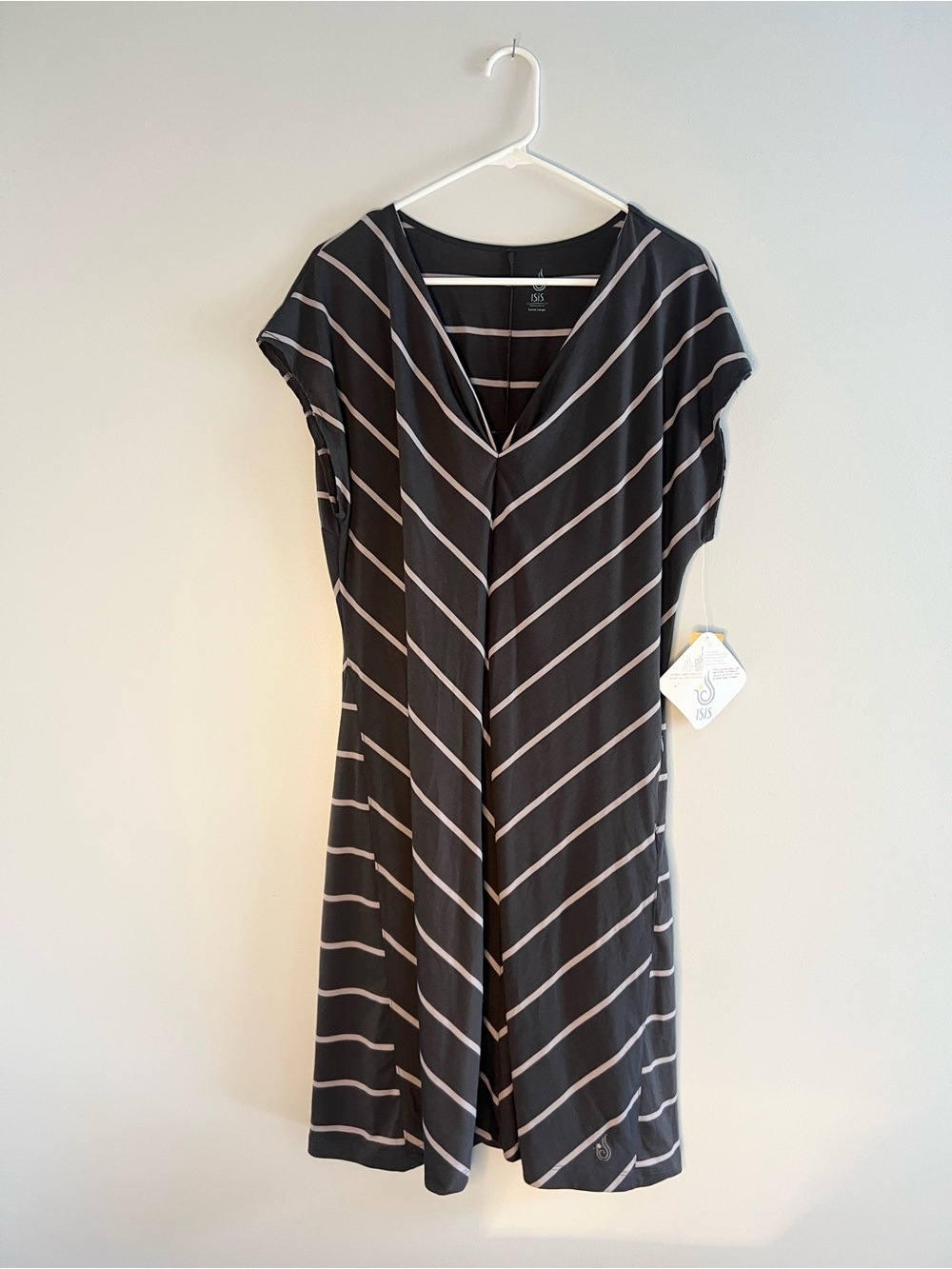 Striped Charcoal and Pale Gray V-Neck Dress